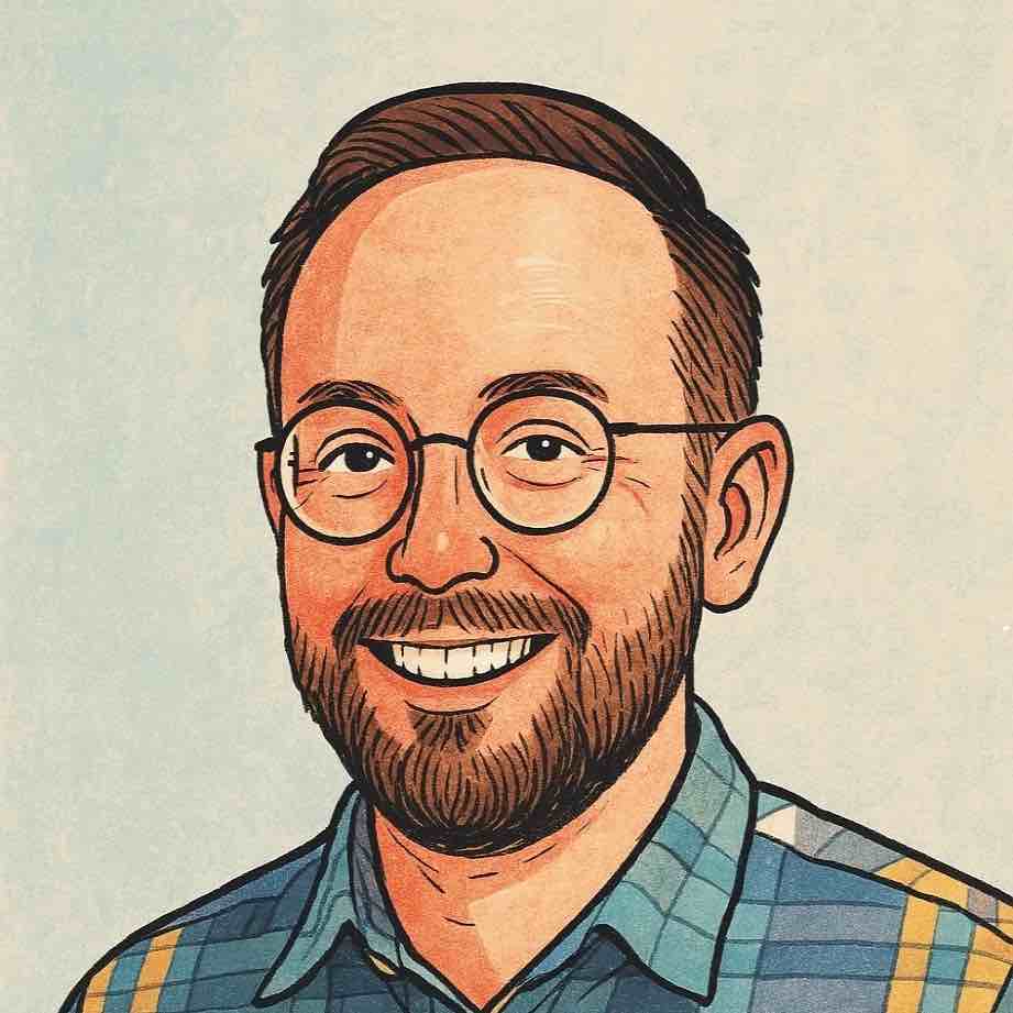 An Apple memoji of myself: a typical tech dude with a beard, glasses, and a knit cap due to the poor selection of hair styles with receding hairlines. I'm smiling because I'm eating a delicious sandwich (not pictured).