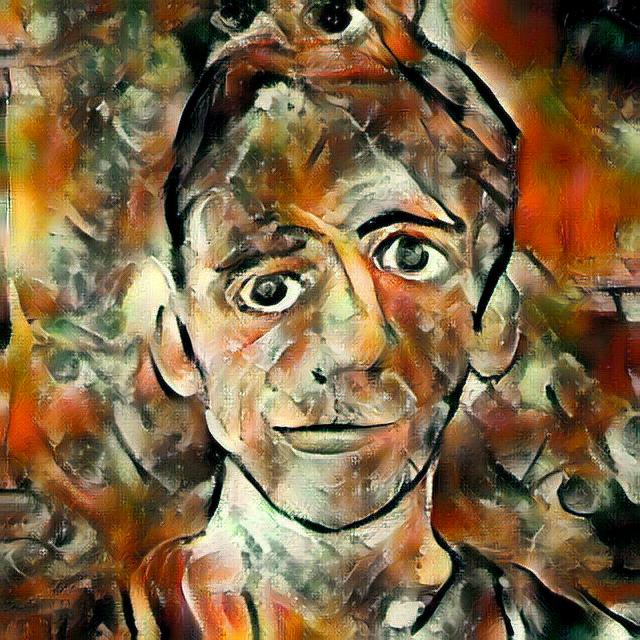 A selfie of a man repainted as a Picasso painting using style transfer machine learning